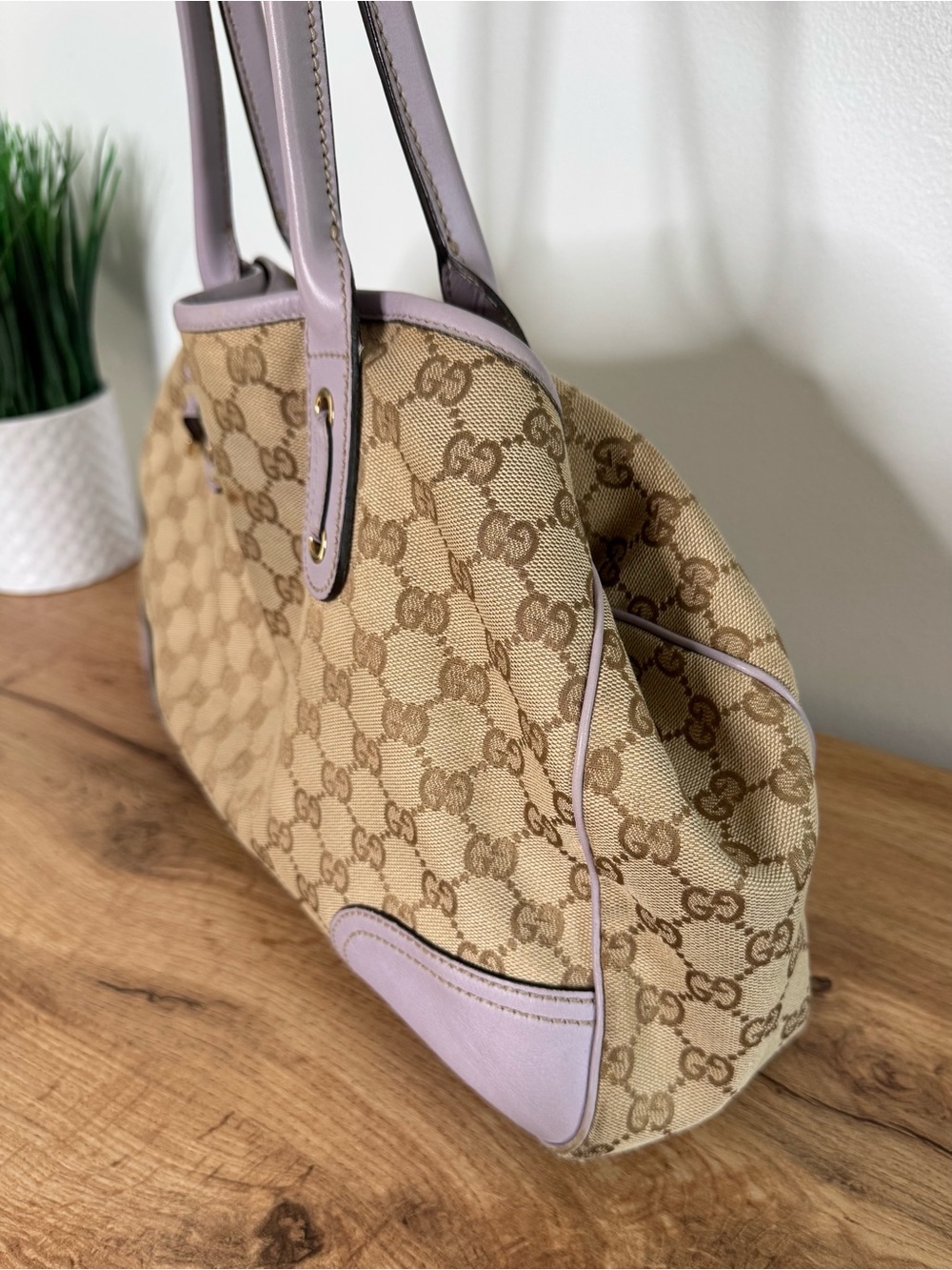 Authentic Gucci GG Monogram Canvas Princy Tote Beige Purple Leather Shoulder Bag - Picture 5 of 16